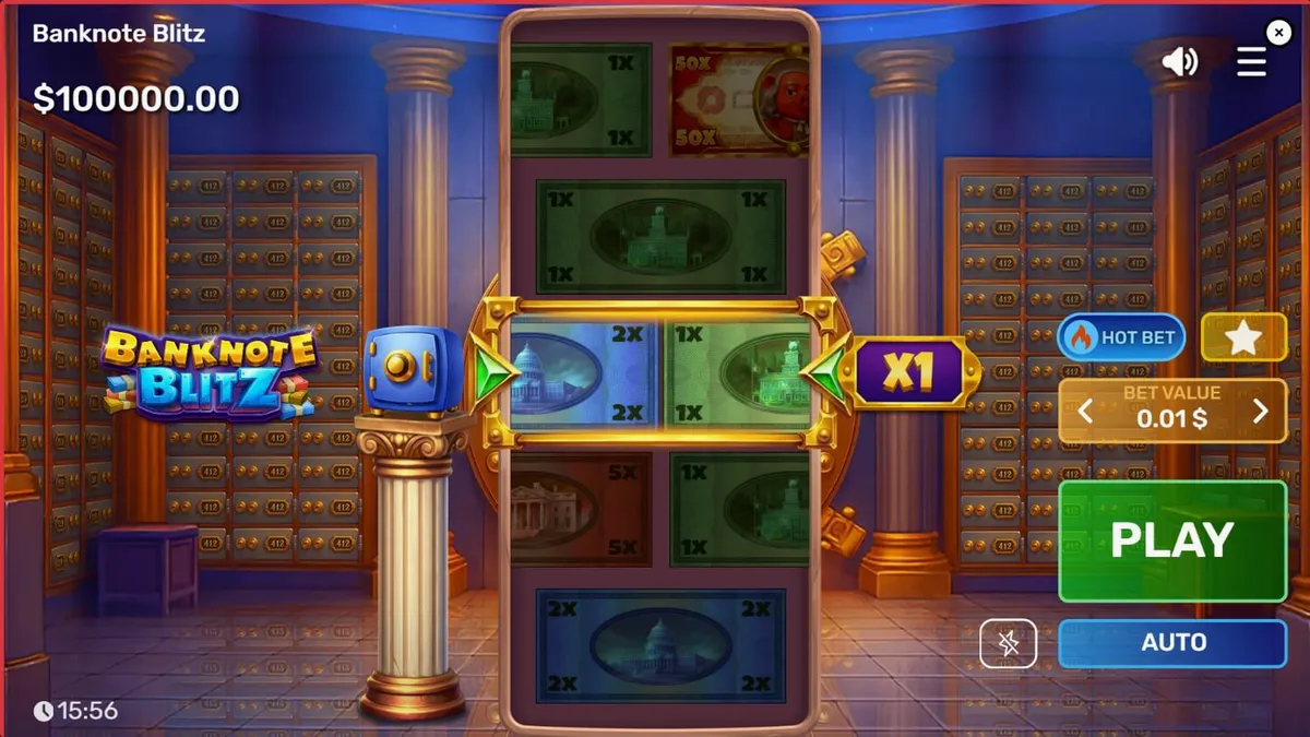 Interface do jogo de slot Banknote Blitz com tema de cofre de banco