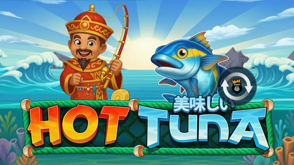 Interface do jogo Hot Tuna em um dispositivo móvel mostrando o pescador e os símbolos do jogo.